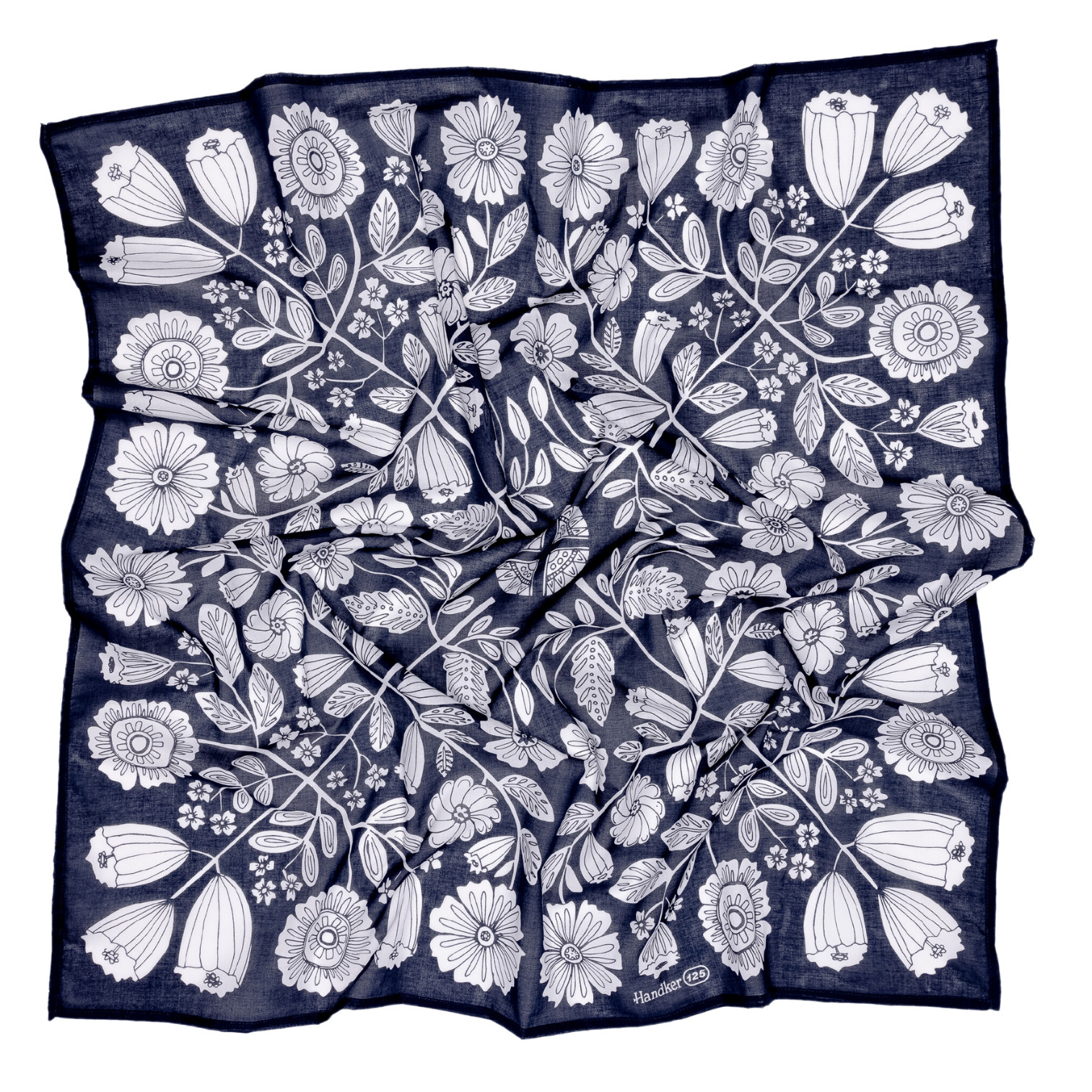 The Handker Bandanas 34" Wild Rag Fiona Bandana features a navy blue cotton lawn fabric, hand screen-printed with a white symmetrical floral and leaf design. The large bandana is shown flat with a softly crumpled texture.