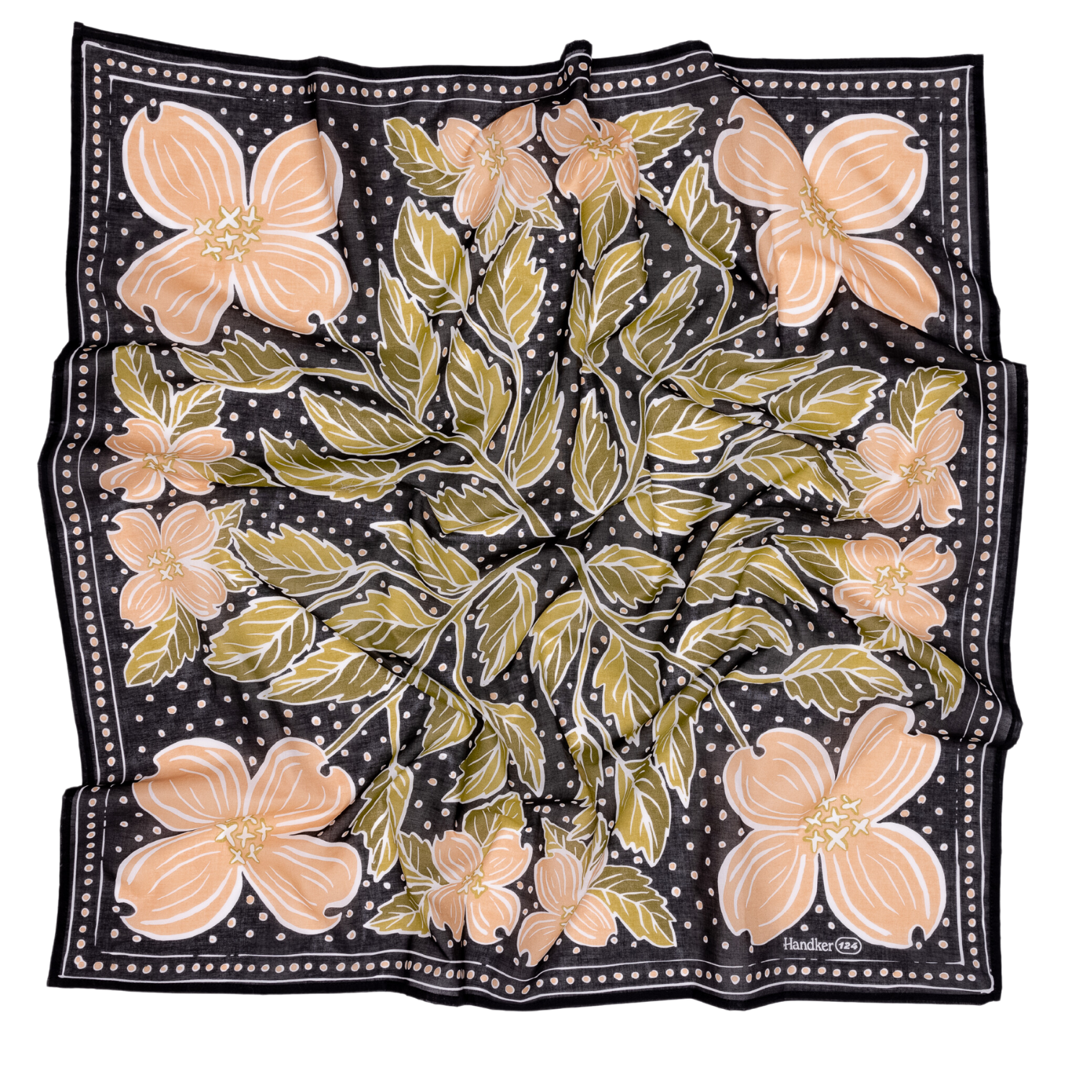 The Handker Bandanas 34" Wild Rag Amy Bandana is a large square silk scarf with a black background, olive-green leafy branches, peach flowers, and white polka dots for an elegant touch.