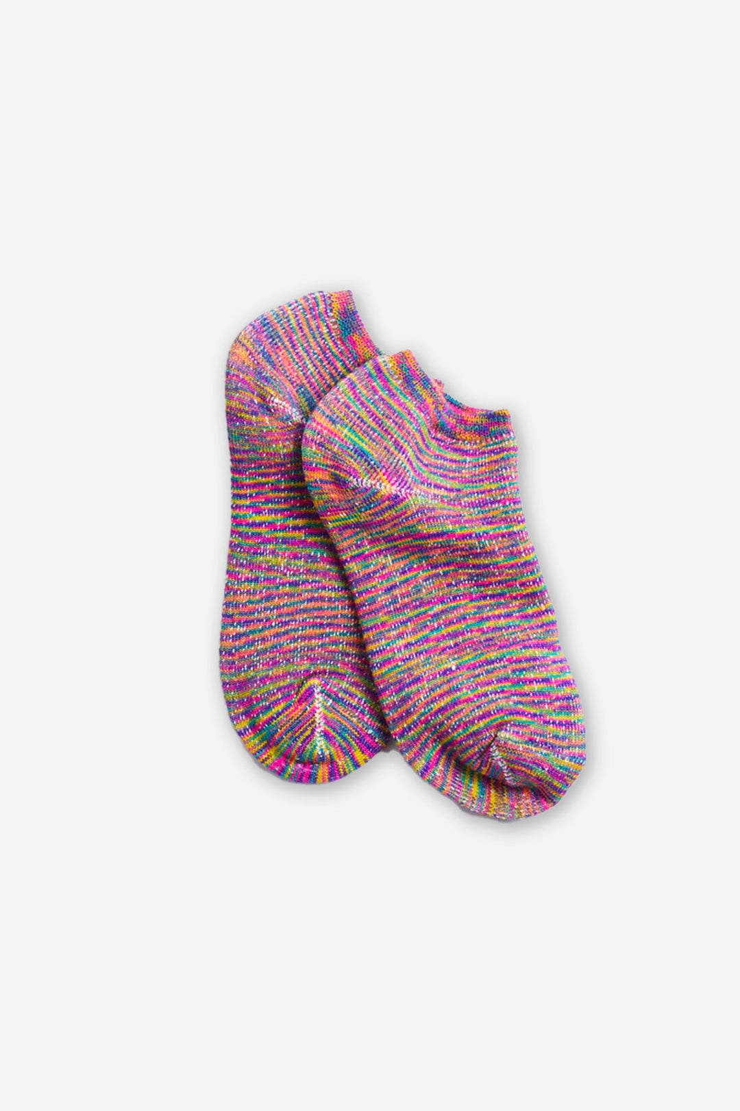 RoToTo Washi Pile Short Socks "Kasuri" / Rainbow by RoToTo: Japanese-made, low-cut knit socks featuring a vibrant rainbow kasuri pattern, shown on a plain white background.