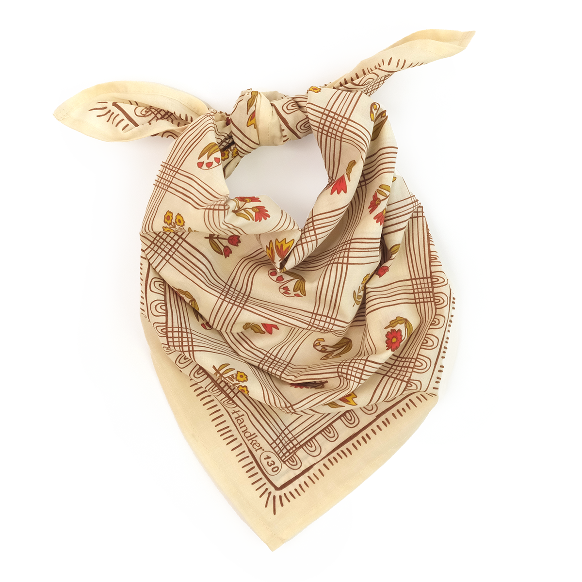 The Handker Bandanas No. 130 Laura Bandana by Handker Bandanas is a premium cotton bandana with a brown checkered pattern and red, yellow, and brown floral designs, hand screen-printed and shown loosely knotted on a white background.