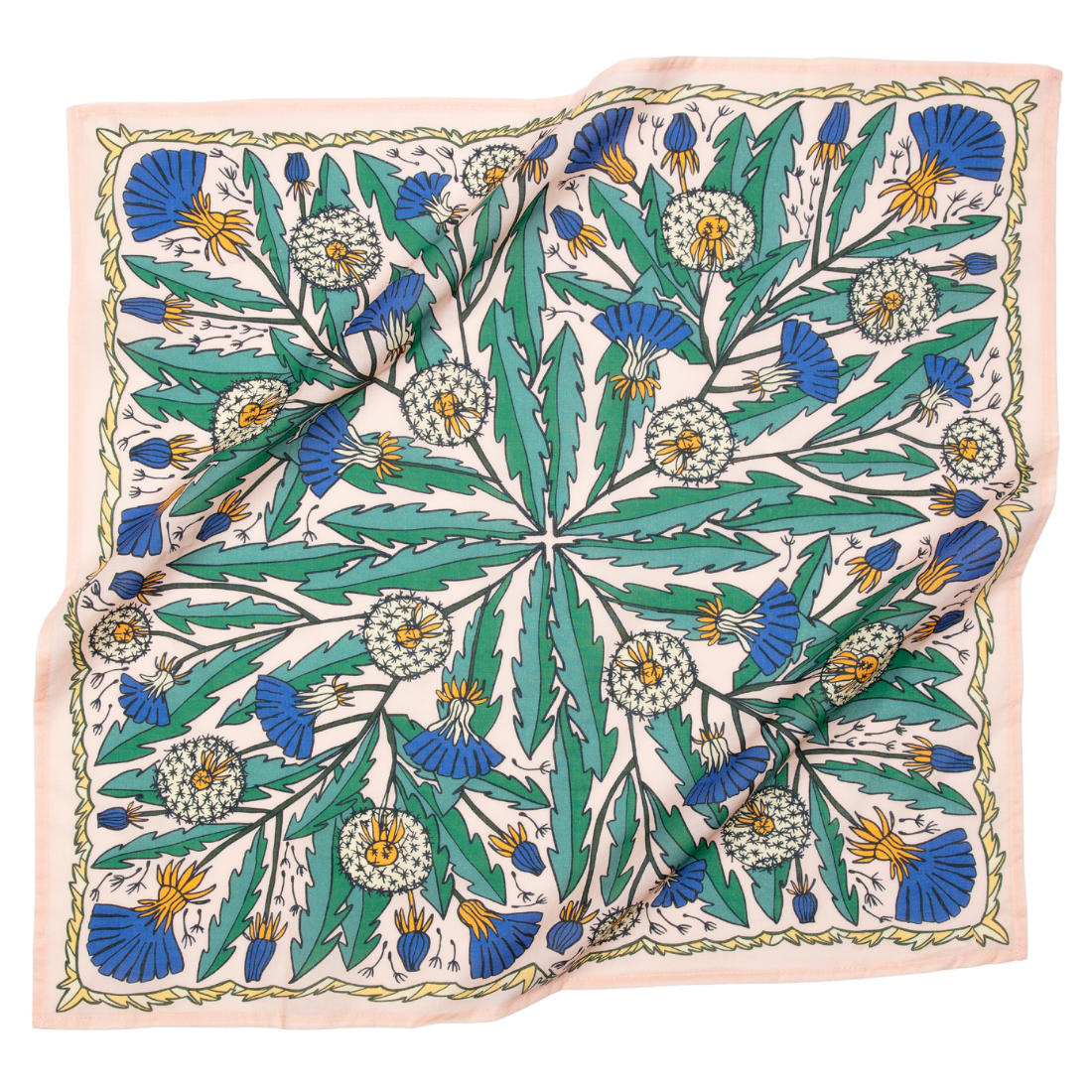 The Handker Bandanas - No. 103 Dandy Bandana features a square, premium cotton fabric with a colorful botanical pattern of green leaves, blue and yellow flowers, and white dandelion puffs on a light background. Slightly wrinkled finish.