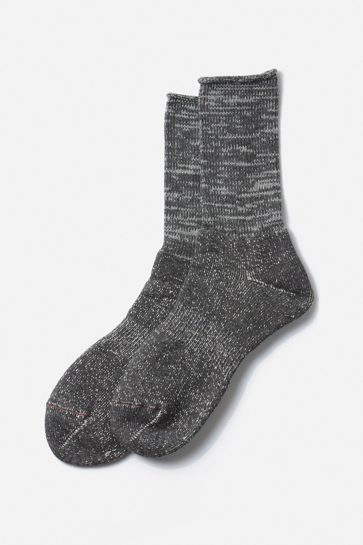 A pair of RoToTo Washi Pile Crew Socks in charcoal, featuring a textured knit pattern and crafted from Japanese paper yarn, displayed on a white background.