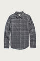 The Bridge & Burn Larson Shirt in Shadow Twill Windowpane is a classic fit, long-sleeve button-up with a black and white grid pattern, soft brushed flannel, collar, and chest pocket—shown on a plain white background.