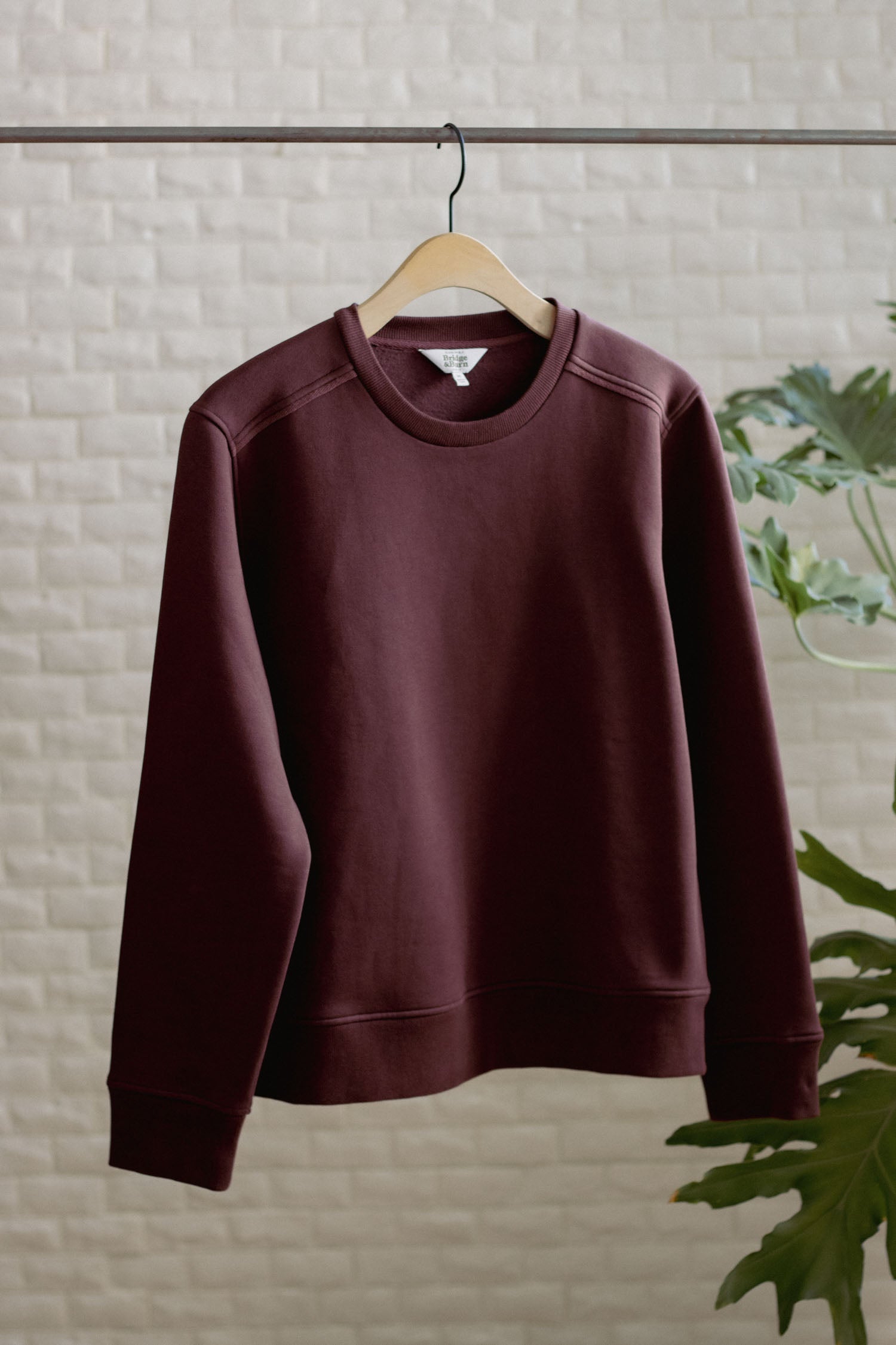 The Bailey Crew Sweatshirt in Burgundy by Bridge & Burn hangs on a wooden hanger from a metal rod, with a light textured wall and green leafy plant partially visible in the background.