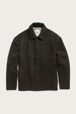 The Bridge & Burn Clive Car Coat in Deep Sage features a collar, long sleeves, front pockets, and a concealed front closure for cold-weather comfort, shown laid flat on a light background.