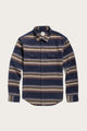 The Bridge & Burn Cole Slim Shirt in Coastline Stripe is a navy blue, slim fit long-sleeve with beige, brown, and olive green horizontal stripes, button-down front, and two chest pockets with button flaps.