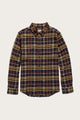 The Bridge & Burn Larson Shirt in Desert Dawn Plaid features a classic fit, long sleeves, a collar, single chest pocket, and soft organic cotton in blue, brown, and yellow brushed flannel for all-day comfort.