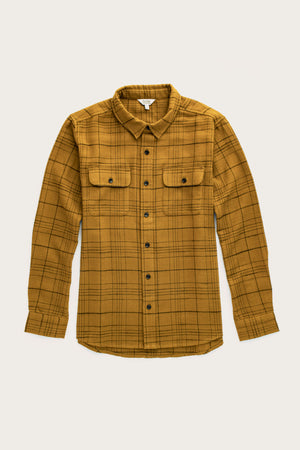 The Bridge & Burn Lenon Shirt in Golden Horizon Plaid is a relaxed-fit, long-sleeve over-shirt with black buttons and two chest pockets, shown laid flat on a neutral background.