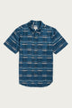 The Emerson Slim Shirt by Bridge & Burn features short sleeves, button-up front, and a blue base with white and dark blue geometric stripes, shown laid flat on a white background.