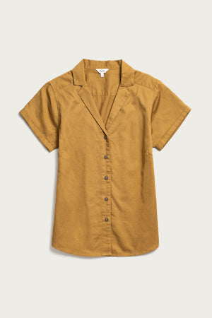 The Bridge & Burn Innes Shirt in Gold is a short-sleeve, relaxed-fit button-up with a notched collar, laid flat on a light background for effortless style.