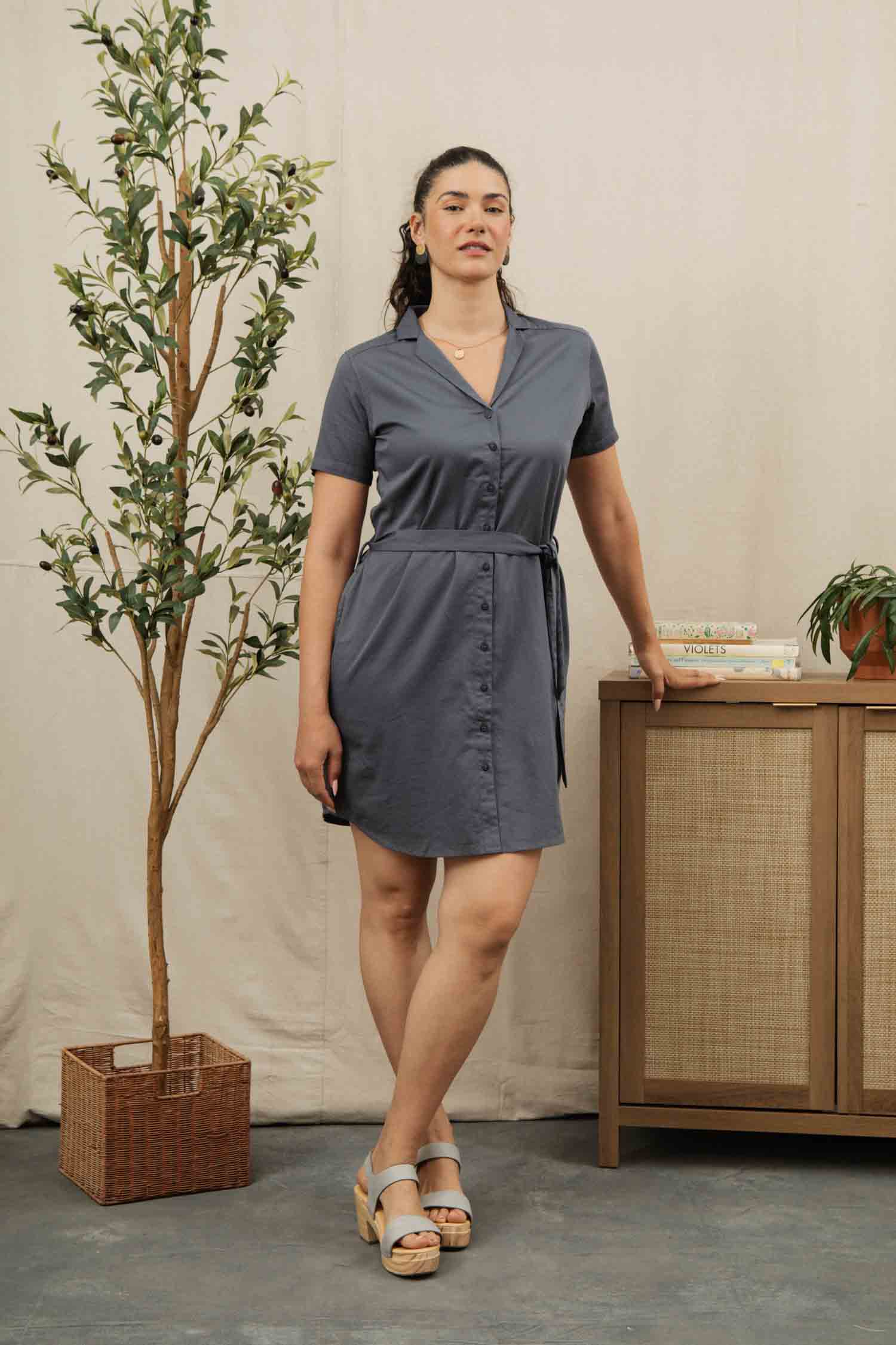 A woman wears the Bridge & Burn Sofia Shirt Dress in Light Navy, standing indoors by a wooden sideboard with books and a small plant. A tall leafy plant in a basket is on her other side. She pairs the dress with light blue sandals.