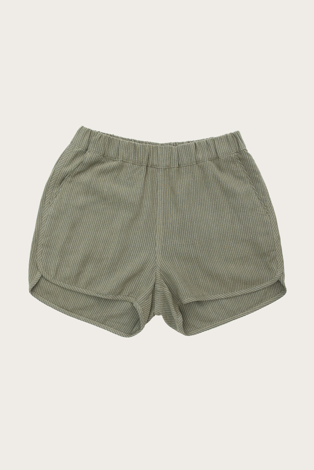 Bridge & Burn's Luca Track Short in Olive Pinstripe, featuring an elastic waistband and side pockets, is displayed flat on a white background.