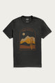The Bridge & Burn Men's High & Dry Tee in black is a lightweight shirt featuring a desert mountain, cactus, and sun or moon graphic with 
