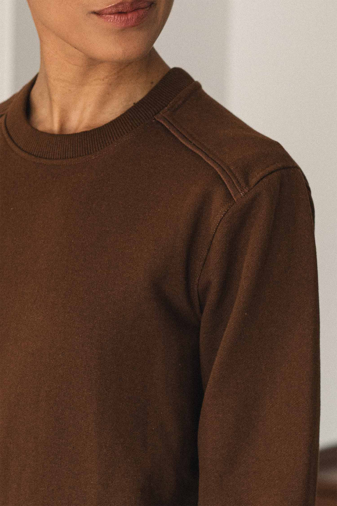 A person is shown from the shoulders up, facing slightly left, with only the lower half of their face visible, wearing the Bridge & Burn Bailey Crew Sweatshirt in Cumin.