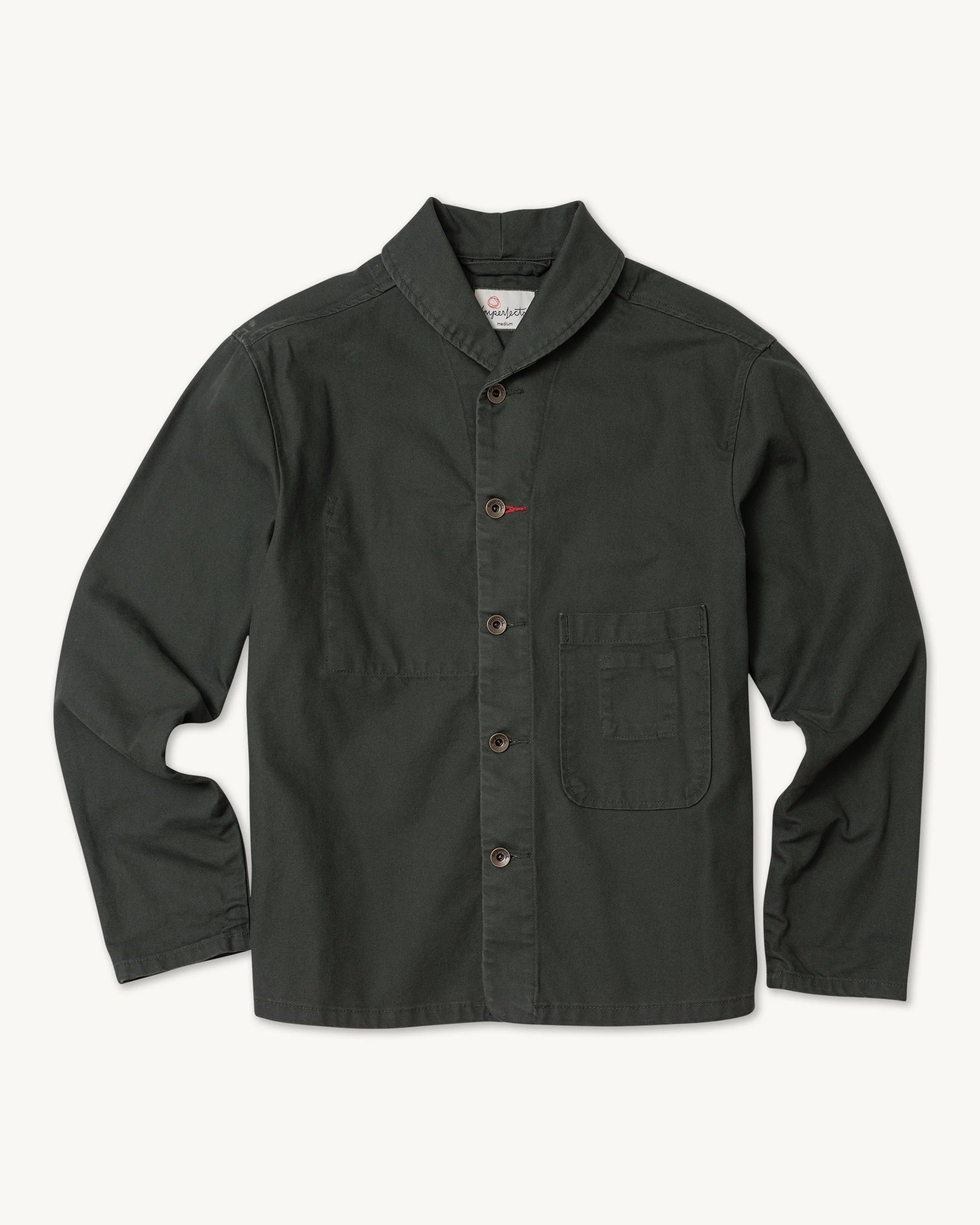 Imperfects Shepherds Shirt Craft Canvas in Greenroom, a dark green organic cotton overshirt with a shawl collar, button-up front, and two large patch pockets.