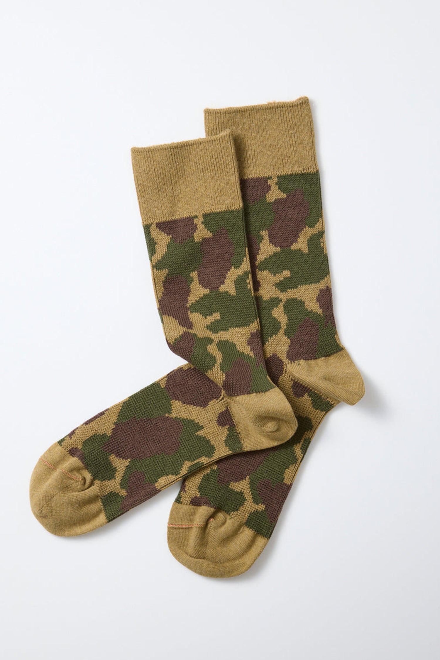 A pair of RoToTo Duck Hunter Camo Socks in Khaki, featuring a green, brown, and tan camouflage pattern, are displayed flat on a white background. These crew-length socks from RoToTo offer comfort and style, making them perfect for everyday wear.