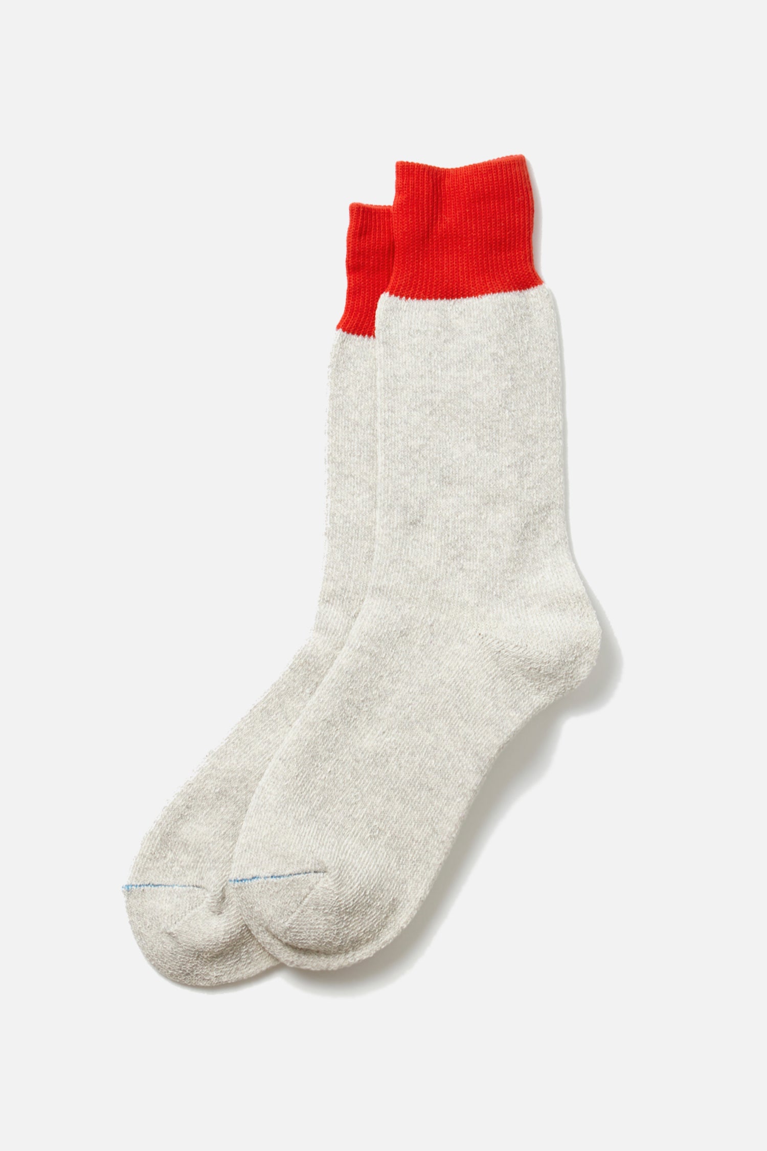 RoToTo Double Face Silk Cotton Crew Socks in Red Light Grey feature a cozy double-layer design with bright red ribbed cuffs, shown laid flat against a white background.