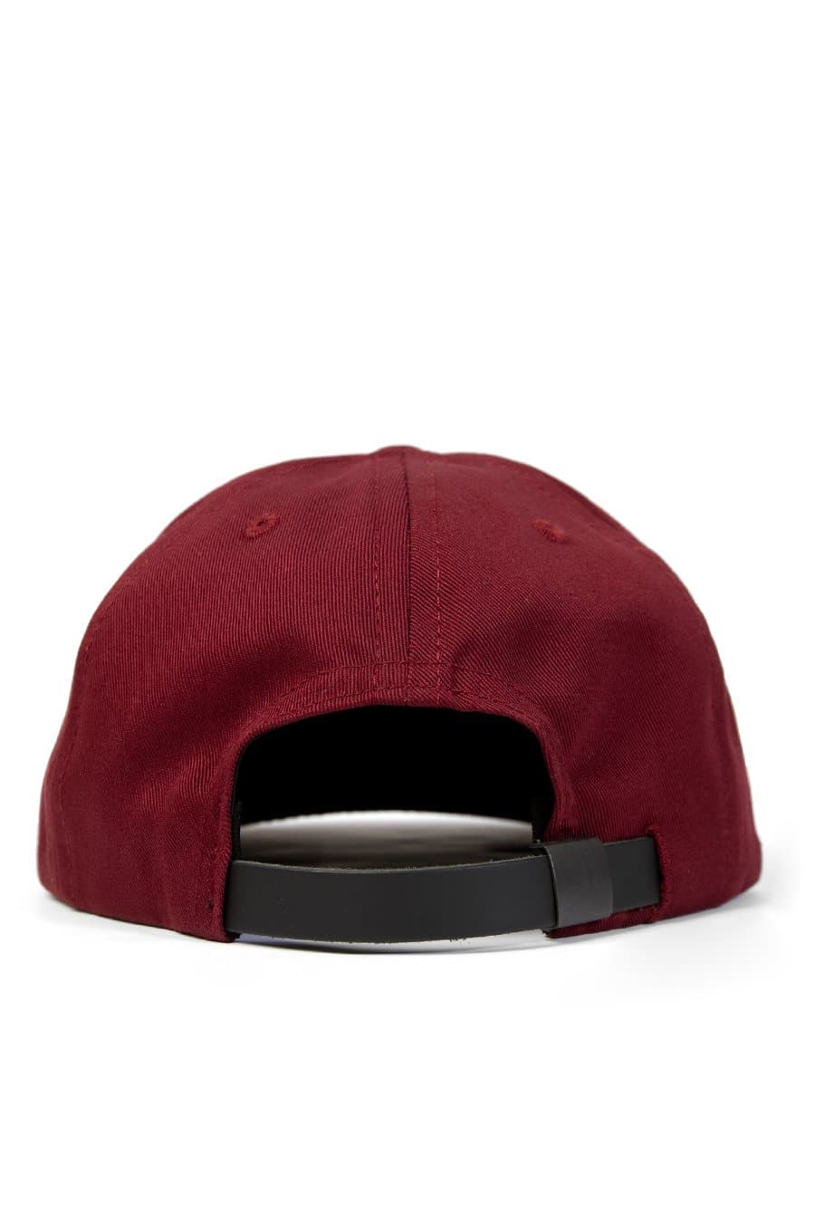 Back view of the Bridge & Burn Diamond Head Cap in burgundy, crafted from cotton twill and featuring a black leather size adjustment strap with a metal buckle, shown against a white background.